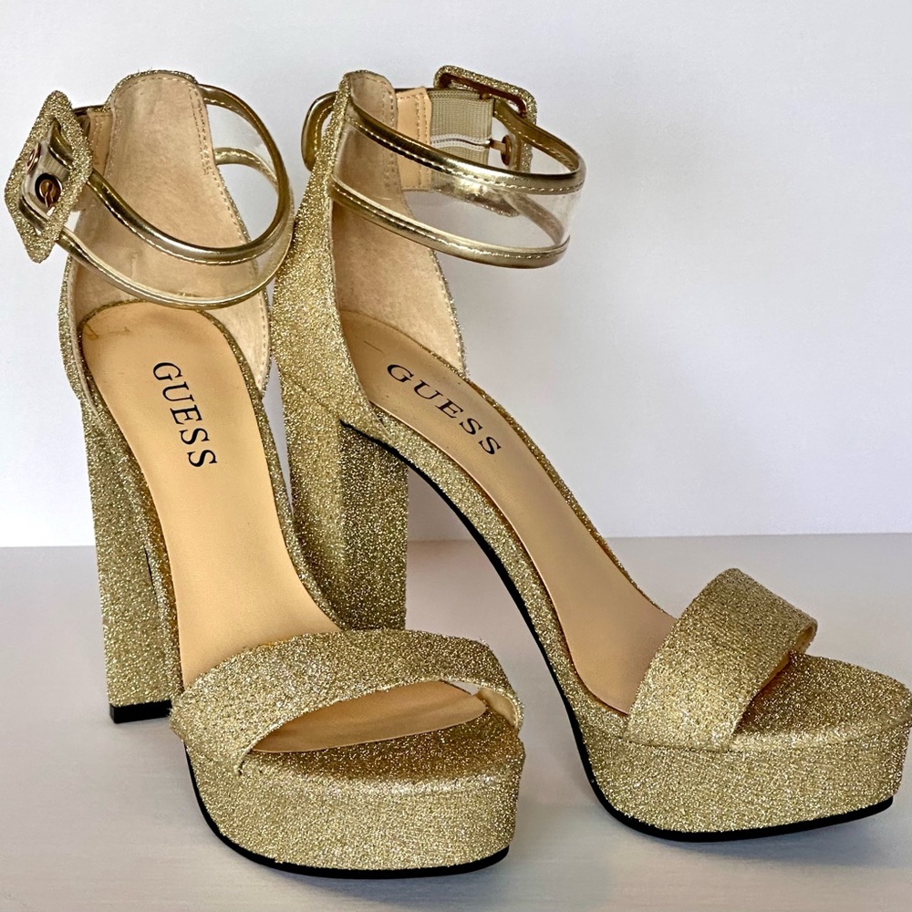 GUESS Women's Gold Glitter Block 4”Heels Platform Ankle Strap Prom HCO Formal